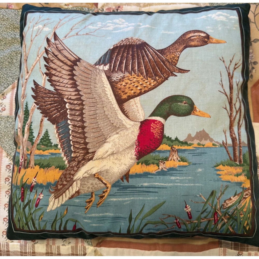 Vintage Mallard and Wood Duck Wildlife Scene Throw Pillow 12x12 Rustic Lodge